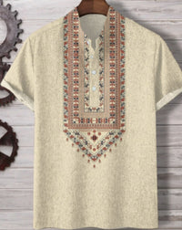Retro Personalized Printed Casual Short-sleeved Linen Shirt Men's Loose Comfortable Shirt