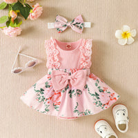 Girls' Lace Edge Sunken Stripe Sleeveless Stitching Flower Print Romper