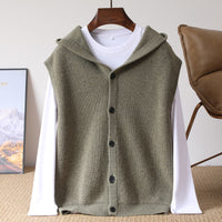 Hooded Cardigan Men's Waistcoat Pure Wool Sleeveless Knitted