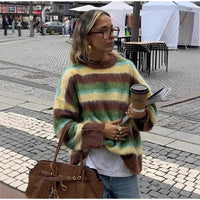 Comfortable Casual Colorful Crew Neck Striped Knit Sweater