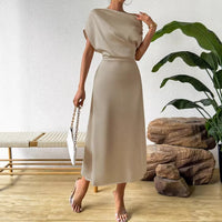 Satin Off-shoulder Figure-hugging Pleated Light-luxury High-end Long Dress