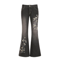 Denim-style Casual Pants With Floral Embroidery
