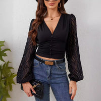 Women's Chiffon Lantern Sleeve V-neck Long-sleeved T-shirt Top