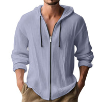 Digital-print Solid-color Linen Hooded Long-sleeve