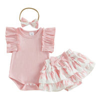 Baby And Toddler Solid Color Ruffle-Shoulder Sleeveless Romper And Printed Skirt Two-Piece Set