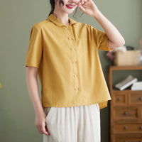 Summer New Artistic Loose Solid Color Retro Short Sleeve Shirt Top Women