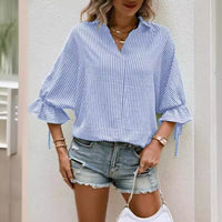 Spring And Summer Striped Flared Batwing Sleeve 34 Sleeve Back Slit V-neck Casual Shirt