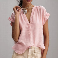 Women's Casual V-Neck Short-Sleeve Solid Color Cotton-Linen Top
