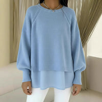Solid Color Casual Crew Neck Sweater With A Chiffon Hem And Puff Sleeves