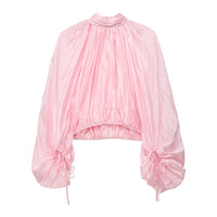 Sheer Lantern Sleeve Pleated Bud-Neckline Shirt