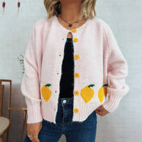 Lemon Jacquard Contrast Color Button Casual Loose Round Neck Sweater