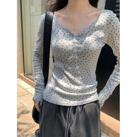 Women's Long-sleeved T-shirt Slim-fit V-neck Floral Bottoming Shirt