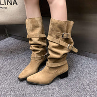 Womens Suede Pointed Toe Chunky Heel Ankle Boots