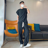 Men's Solid Color Casual High Sense Ice Silk Casual Pants Short Sleeve Suit