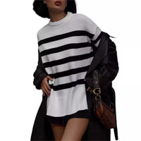 Women's Pullover Loose Round Neck Contrast Color Knitted Striped Sweater