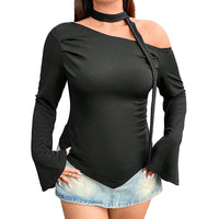 Women's Irregular Long Sleeve Short Fitted Off-Shoulder Top