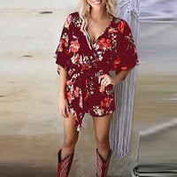 Printed Sleeve V-neck Loose Casual Lace-up Jumpsuit