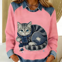 Womens Denim Crew-Neck 3D Digital Print V-Neck T-Shirt