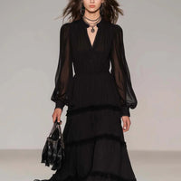V-neck Spliced Long-sleeve Tiered Skirt Maxi Dress Mesh Dress