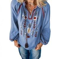 Women's Round Neck Embroidered Casual Chiffon Shirt