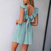 Fluttering Sleeves Sweet Short Skirt Back Bow-Tied Halterneck Dress With Open Back
