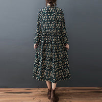 Womens Loose Forest-Style Long-Sleeve Stand-Neck Printed Dress