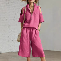 Womens Short-Sleeve Shirt And Shorts Loose Pants Two-Piece Set