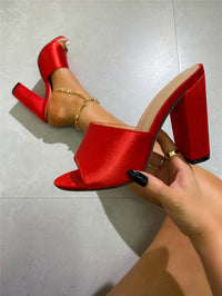 Summer Chunky Heel Women's Slippers Satin Surface High Heel Sandals