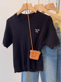 Twist Round Neck Embroidered Short-sleeved T-shirt Short Inner Sweater