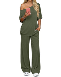 Off-shoulder Loose Casual Short-sleeve Top And Wide-leg Pants Two-piece Set
