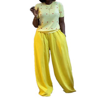Crew-neck Heart-print Short-sleeve Top And Wide-leg Trousers Set