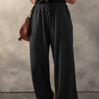 Pale Khaki Knotted Straps Button Textured Drawstring Jumpsuit