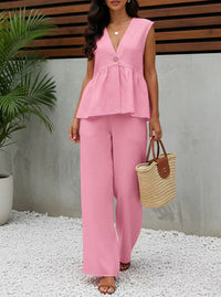 Womens Casual V-neck Top And Wide-leg Pants Two-piece Set