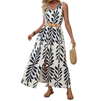 French-style Sleeveless Strap Dress With Belt Leaf-print Split-front Dress