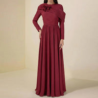 Round-neck Fitted-waist Patchwork Floral-patterned Solid Red Dress