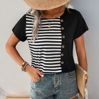 Women's Loose-Fit Striped Contrast-Color Short-Sleeve Pullover T-Shirt