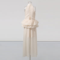 Long Ruffled Dress Sleeveless Stand Collar Solid Color Dress