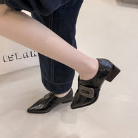 Women's Patent Leather Pointed Toe Block Heel Deep Vamp Pumps, Rhinestone Square Buckle Fashion Shoes, Versatile Commuter Elegant High Heels