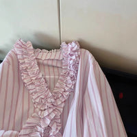 Three-dimensional Edge V-neck Striped Blouse Womens French-style Sweet And Loose-fit