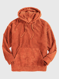 Men's Sweater Thick Corduroy Long Sleeve Solid Color Kangaroo Pocket Hanging Shoulder Hoodie