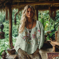 Printed Women's Round Neck Retro Bohemian Top