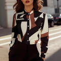 Bold Geometric Color-Block Printed Stand Collar Lantern Sleeve Shirt