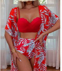Women's Maple Leaf Printed High Waist Mesh Bikini Suit
