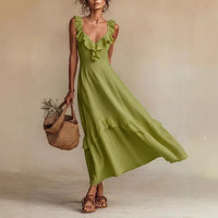 Elegant And Chic Cotton-Linen Dress With Ruffled Flutter Sleeves And A Flowing Hem