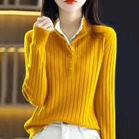 Fake Two-piece Half-open Collar Button-up Sweater Women