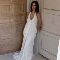 Summer New Sexy Loose Backless Sleeveless V-Neck Pleated Long Halter Mesh Dress