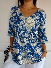 Elegant Retro Womens Casual Floral Print V-Neck Long-Sleeve Top
