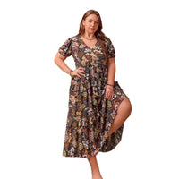 Womens Plus-Size Bohemian V-Neck Printed Short-Sleeve Dress