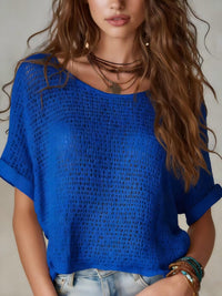 Womens Knitted Solid-Color Short-Sleeve Sweater
