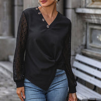 T-Shirt With Buttons And V-Neck Lace-Patchwork Long-Sleeve Knitted Top